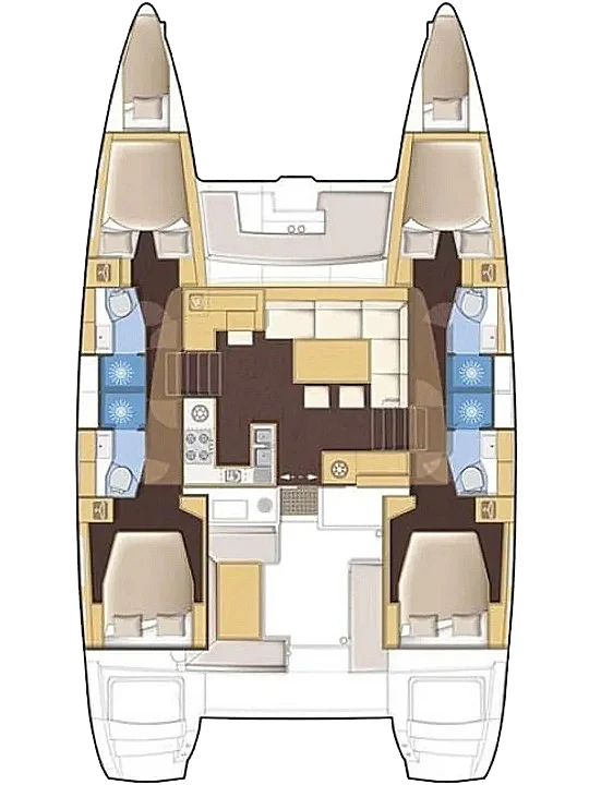 Lagoon 450 four-cabin floor plan showing four double cabins, each with ensuite bathroom